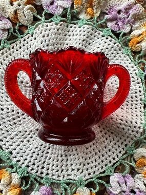 Westmoreland Ruby Red Pressed Glass Sugar/Toothpick/Trinket Bowl with Handles